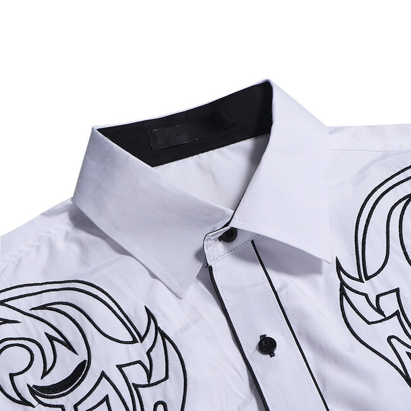 New Mens Classic Totem Embroidered Shirt, Mens Color Matching Casual Slim Fitting Long Sleeved Shirt