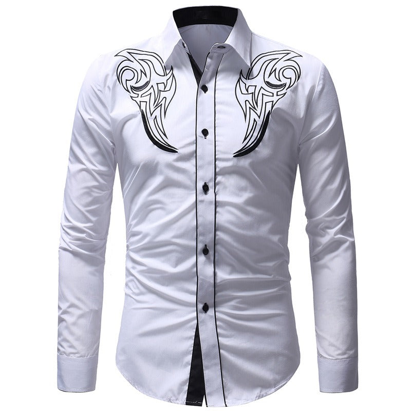 New Mens Classic Totem Embroidered Shirt, Mens Color Matching Casual Slim Fitting Long Sleeved Shirt