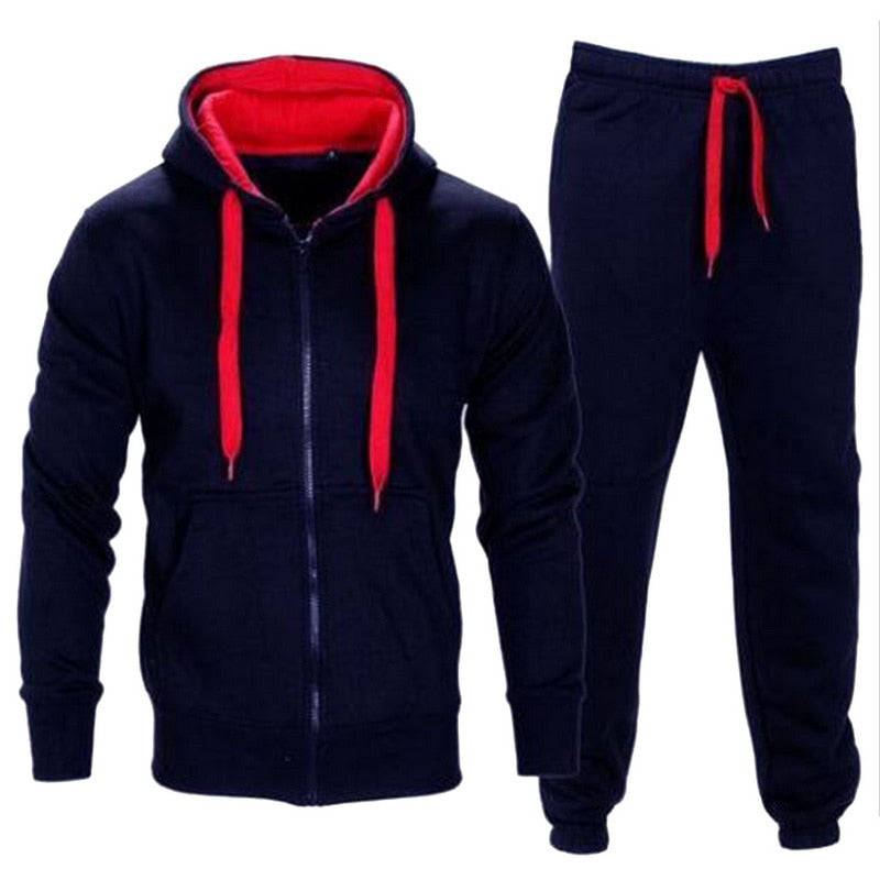 Casual Solid Tracksuit Zipper Hooded Sweatshirt Jacket +Sweatpants Mens Tracksuit