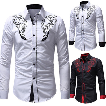 New Mens Classic Totem Embroidered Shirt, Mens Color Matching Casual Slim Fitting Long Sleeved Shirt