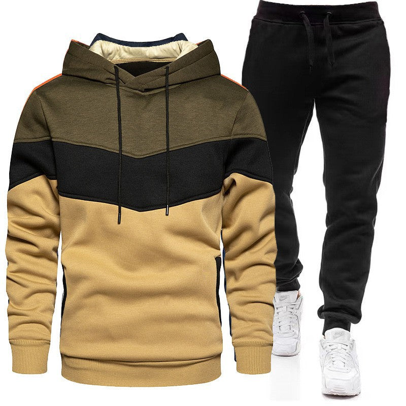 Cross-border autumn and winter sports sweater suit men's 3 color matching hoodie sportswear suit sweater sweatpants light board