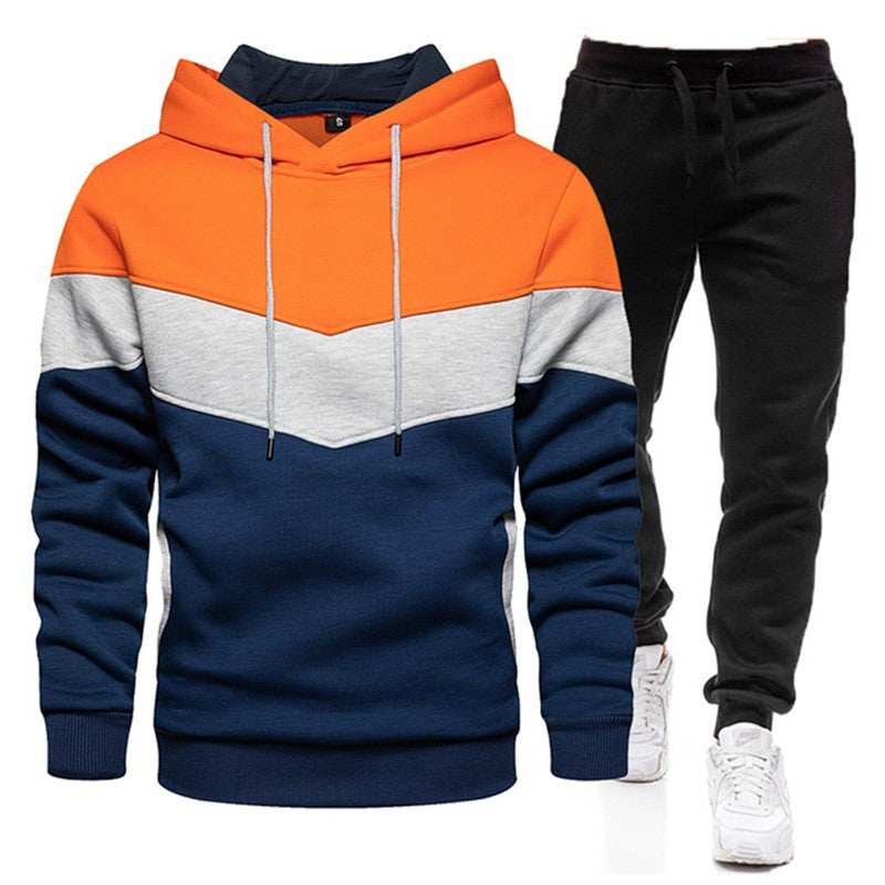 Cross-border autumn and winter sports sweater suit men's 3 color matching hoodie sportswear suit sweater sweatpants light board