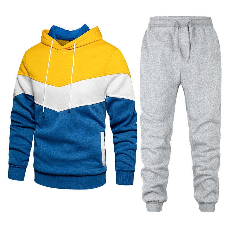 Cross-border autumn and winter sports sweater suit men's 3 color matching hoodie sportswear suit sweater sweatpants light board